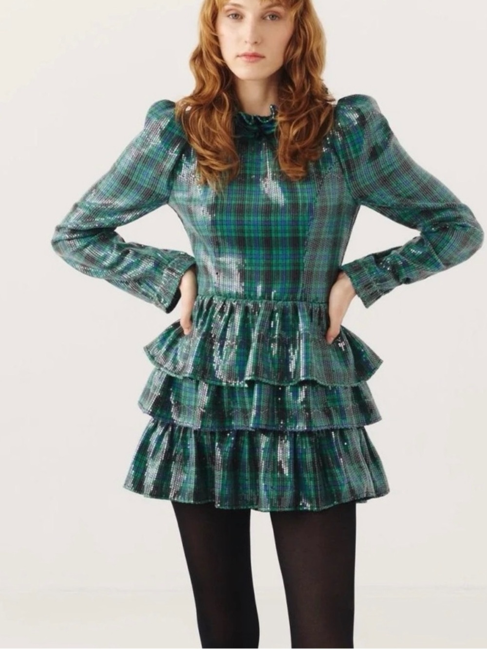 CeliaB Noyer Green Plaid Sequin Ruffle Mini Dress NWT Size S